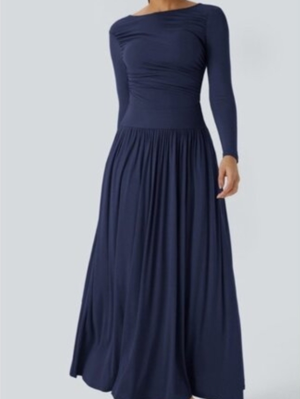 Halara Navy Long Sleeve Maxi Dress Ruched Waist Flowy Athleisure Size S NWT - Picture 2 of 11